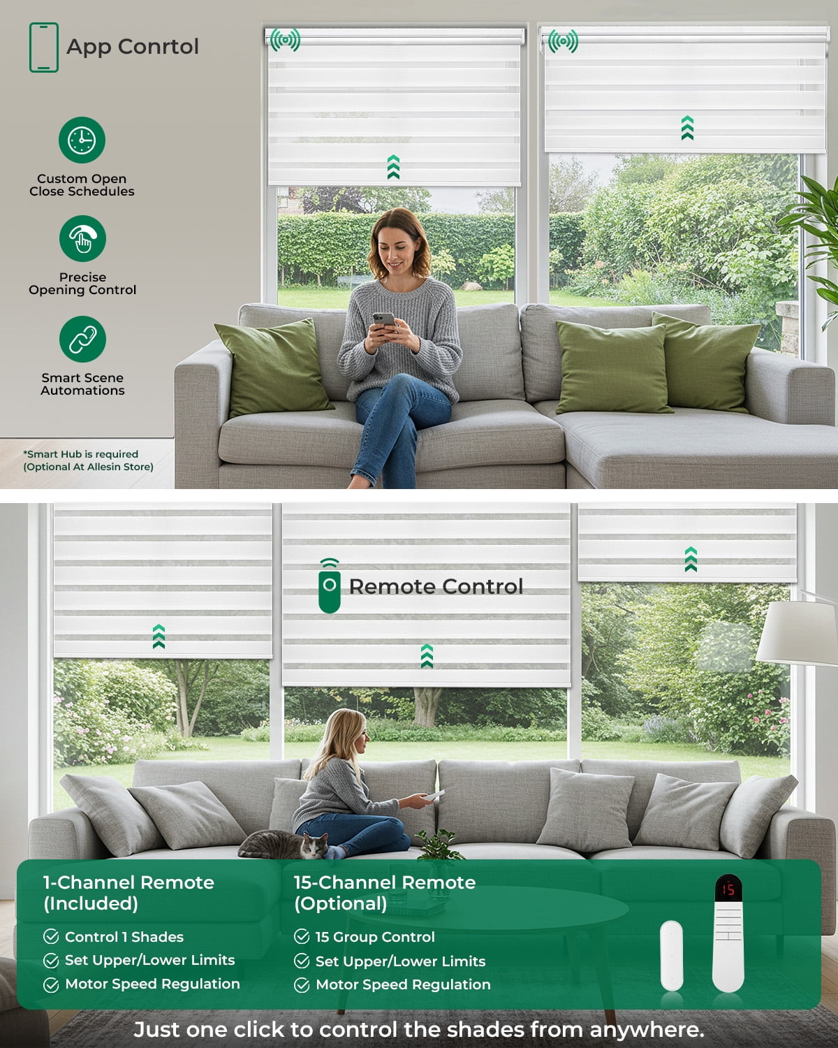Allesin Motorized Zebra Blinds with Remote, Electric Dual-Layer Shades with Dry Battery-Powered, Smart Horizontal Window Blind with Privacy Light Control (White 27"W x 72"H)