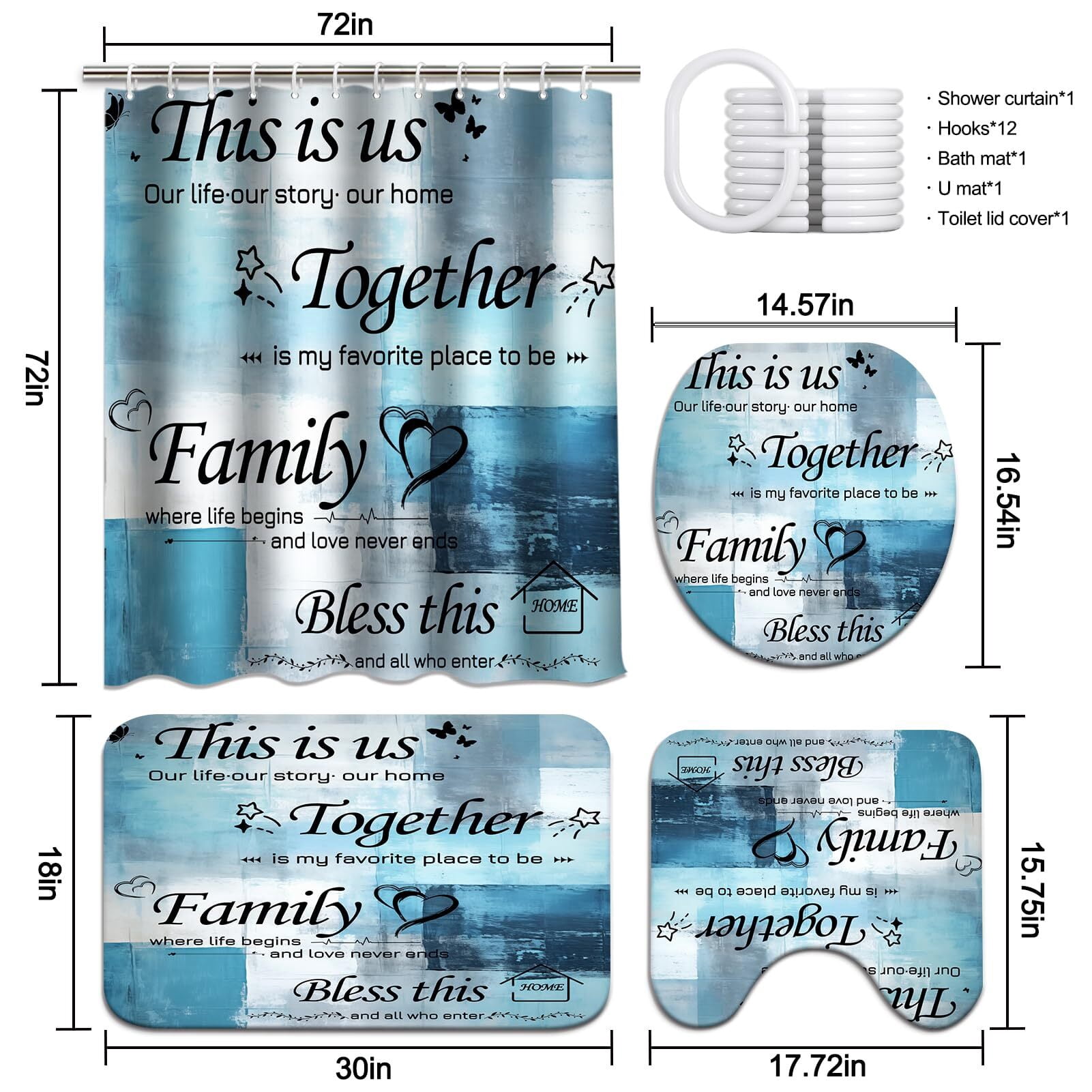 Brythos 4Pcs Shower Curtain Set,Complete Bathroom Set with Accessories Bathroom Rug Set,Safe Eco-Friendly Materials Bathroom Sets,Style2,72"X72"