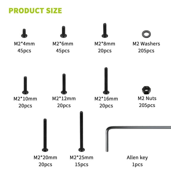 GHRTGR-615 Pcs M2 Screw Assortment, M2 Bolts and Nuts Kit, Hex Socket Button Head Cap Screws and Nuts and Washers Set, Metric Machine Screw Assortment Kit, Small Black Assorted Screws Nuts