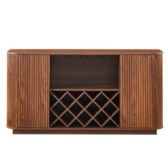 S-HOME Modern Wavy Curve Sideboard -Glassware Holder Coffee Bar And Wine Cabinet Storage Design With Adjustable Shelves For Kitchen Or Dining Rooms, Walnut