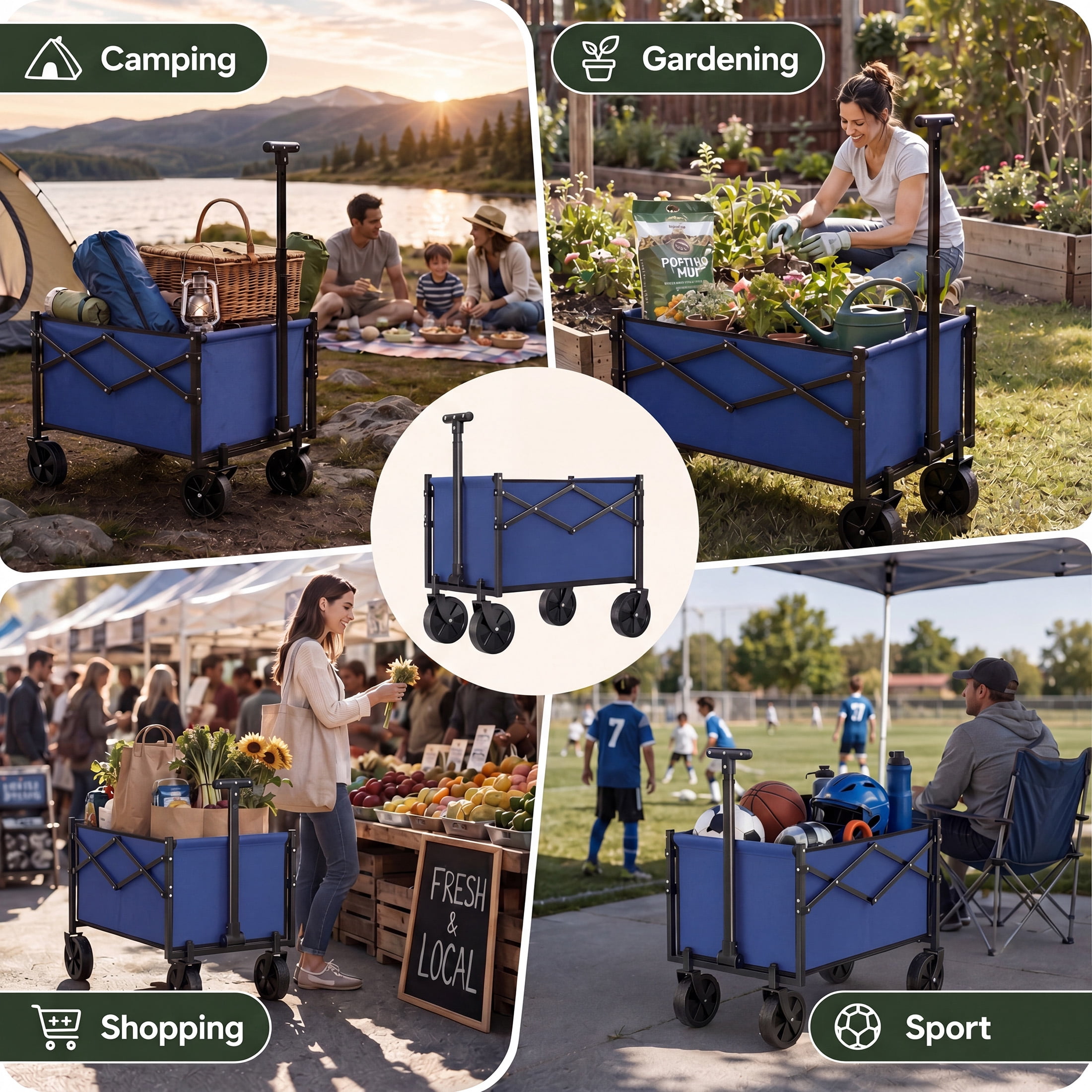SHOUFTW Folding Wagon Cart, 220 lb Capacity Collapsible Utility Wagon with All-Terrain Wheels & Adjustable Handle, Blue
