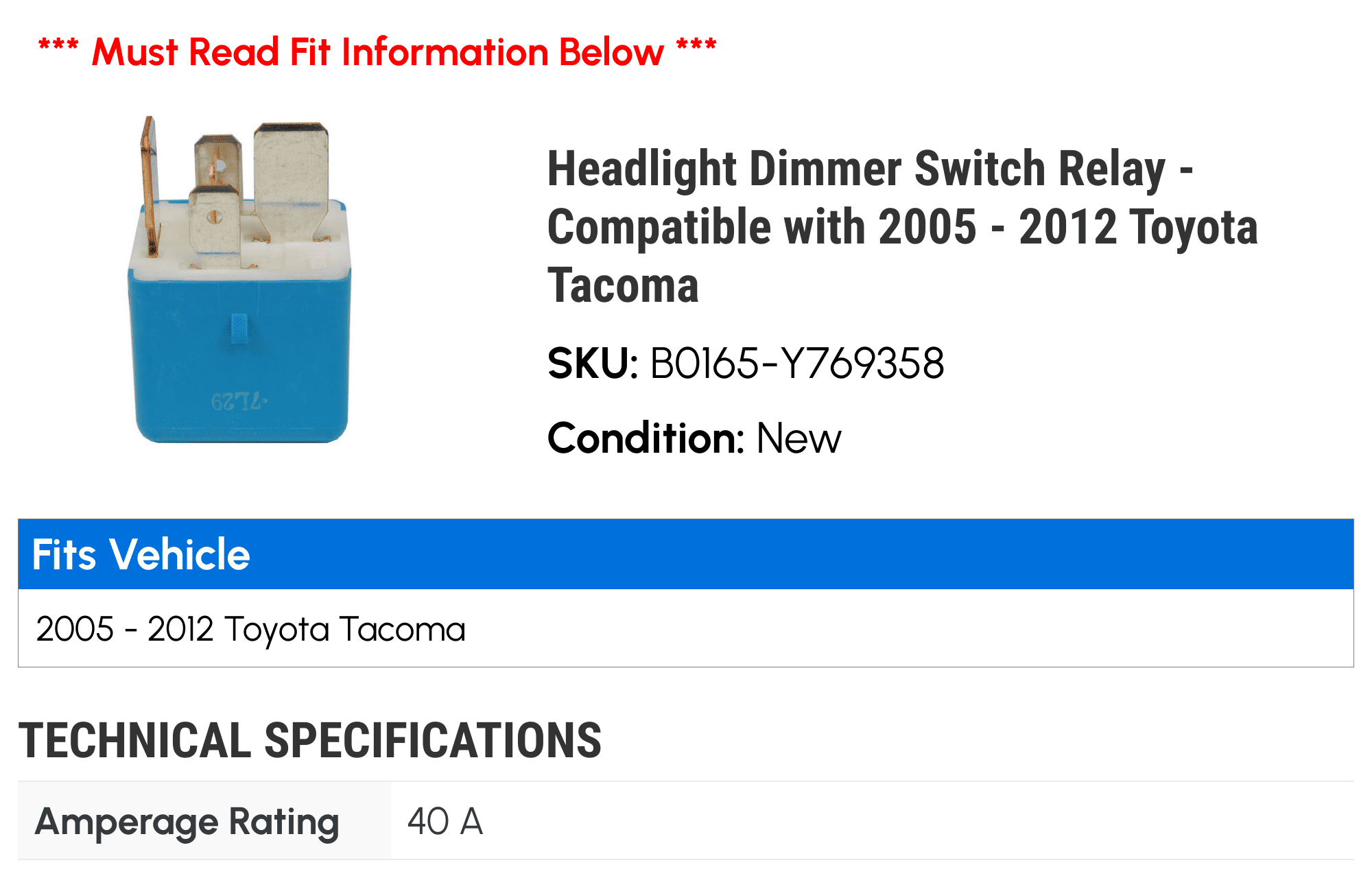 Headlight Dimmer Switch Relay - Compatible with 2005 - 2012 Toyota Tacoma 2006 2007 2008 2009 2010 2011