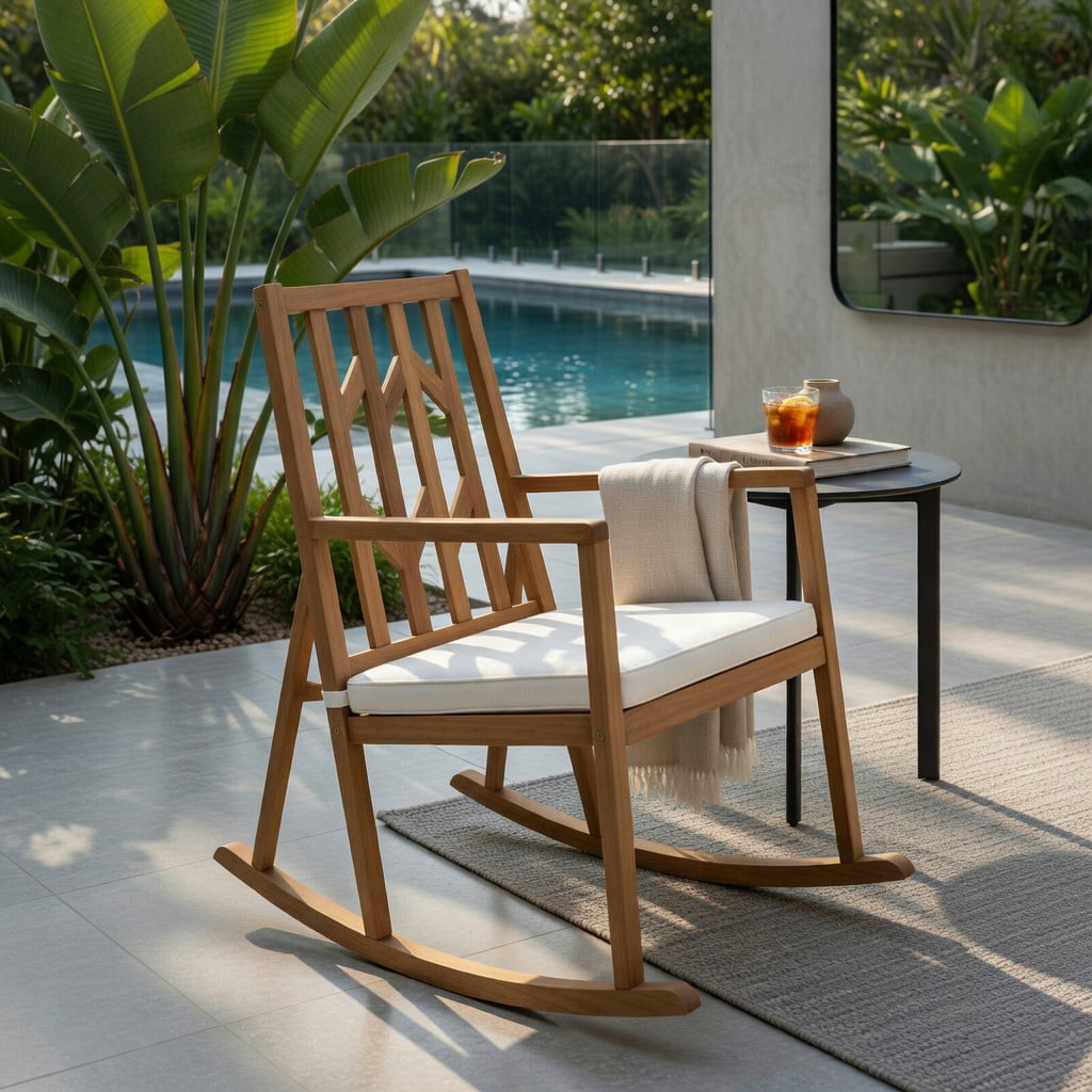 Hommoo Acacia Wood Patio Rocking Chair Sofa with Removable Cushion, Natural Wood Frame, Outdoor Garden & Deck Seating for Backyard, Poolside, Porch, White