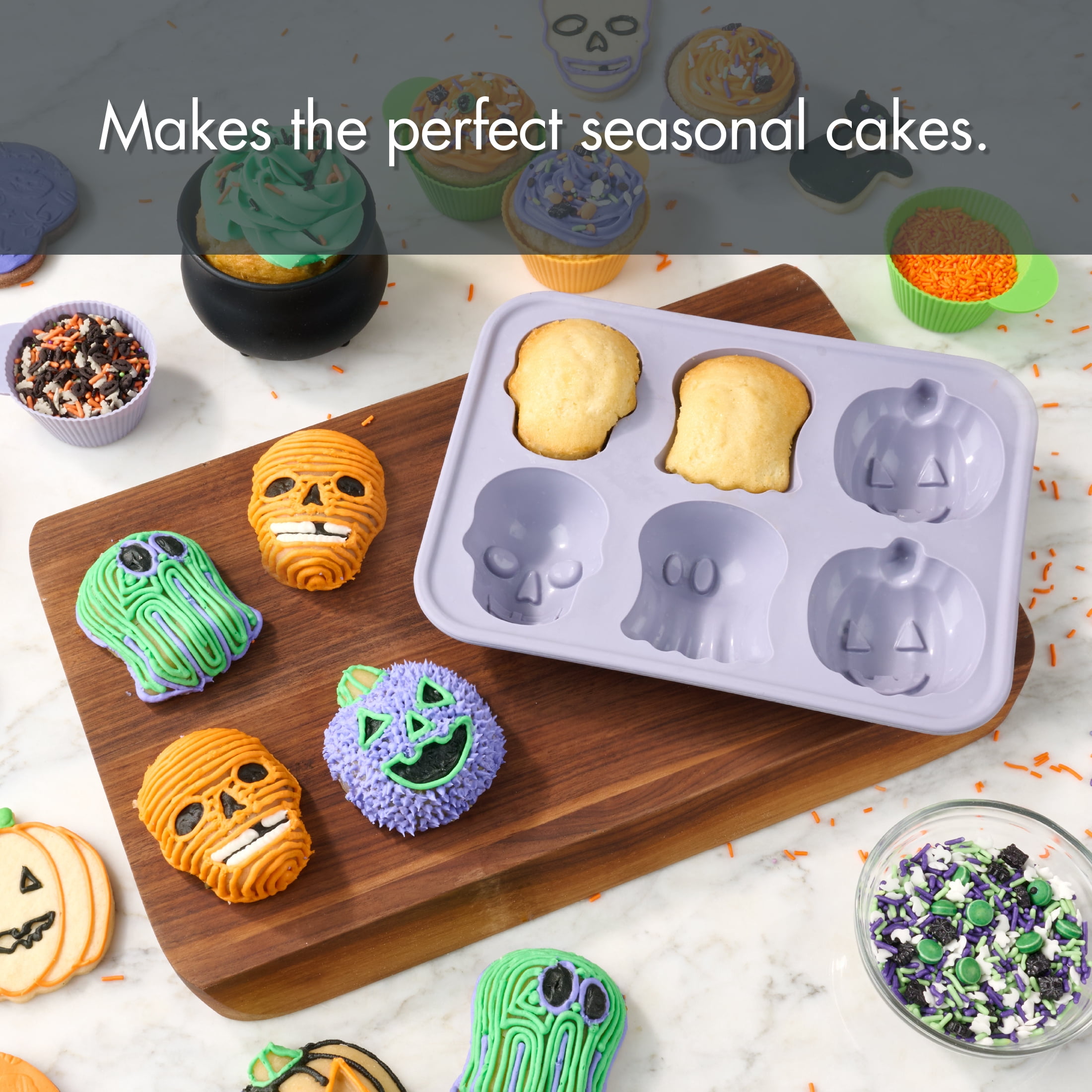 Way To Celebrate 6 Cavity Silicone Cakelet Pan, Jack-o’-lantern, Ghost and Skull designs, Purple