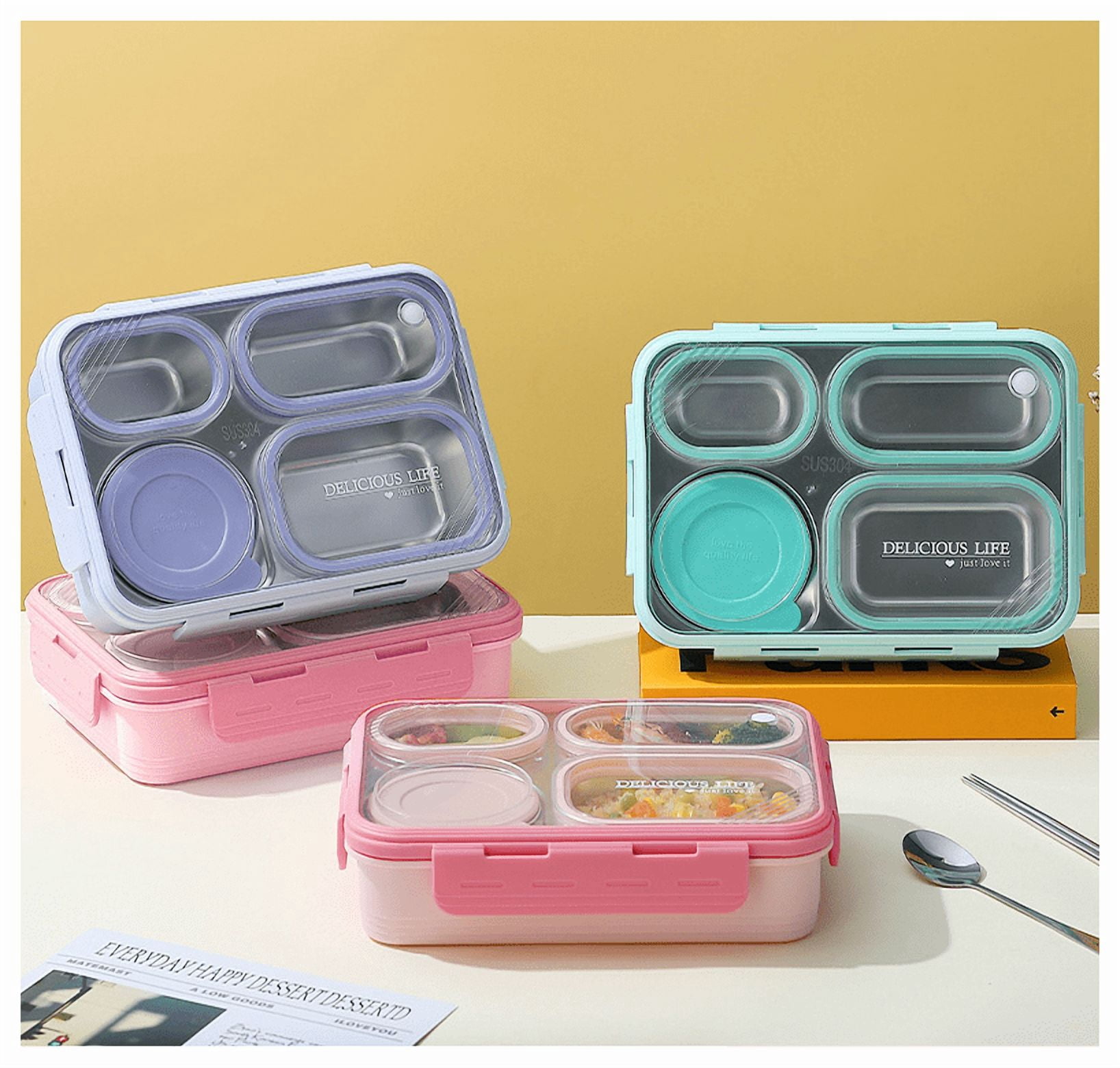 Lunch Box Containers Stainless Steel Bento Box for Adults with 4-Compartment Snack Tray, Soup Bowl with Lid & Metal Spoon, Dishwasher Safe, Easy to Carry, Purple