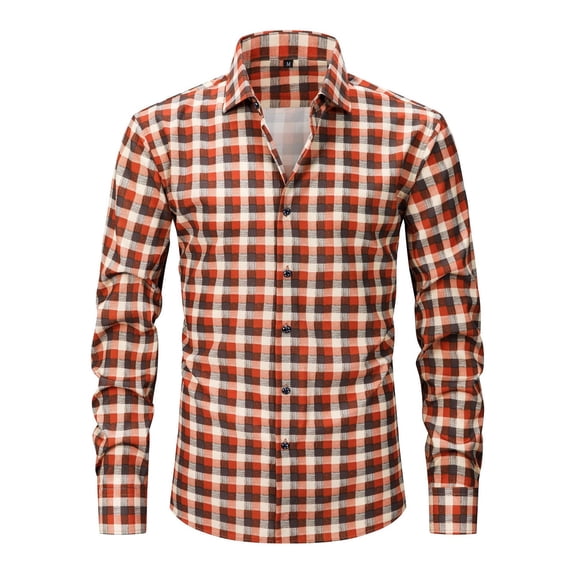 Fnnxeal Mens Button Down Shirt, Casual Plaid Long Sleeve Long Sleeve Collared Orange Button Up Shirt for Men Size XS
