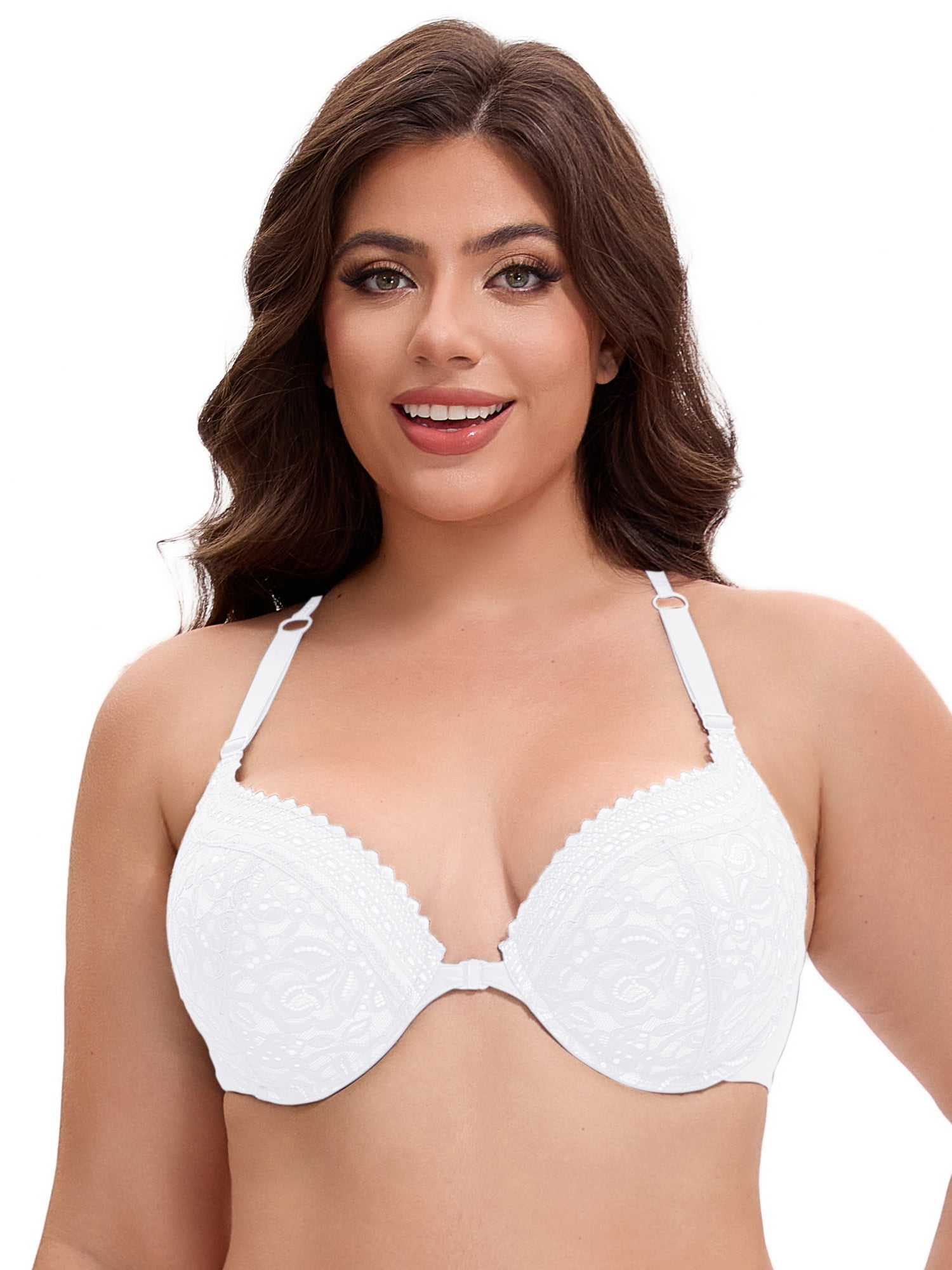 Unique Bargains Women's Lace Front Closure Push Up Underwire Bras White 46 C