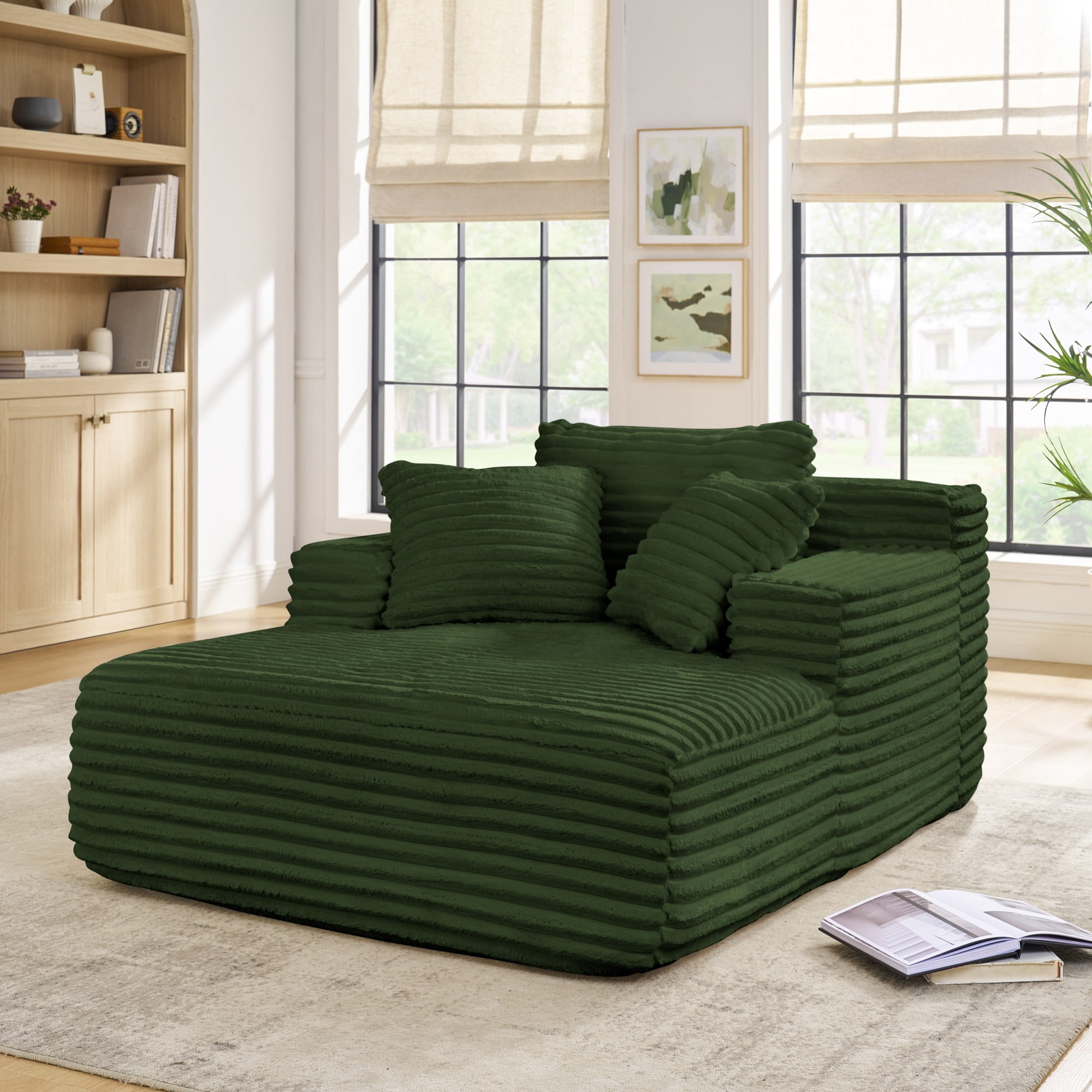 Leumius Oversized Chaise Lounge Chair,Corduroy Upholstered Cloud Couch Compressed Sofa Bed with Deep Seat for Living Room,No Assembly,Green