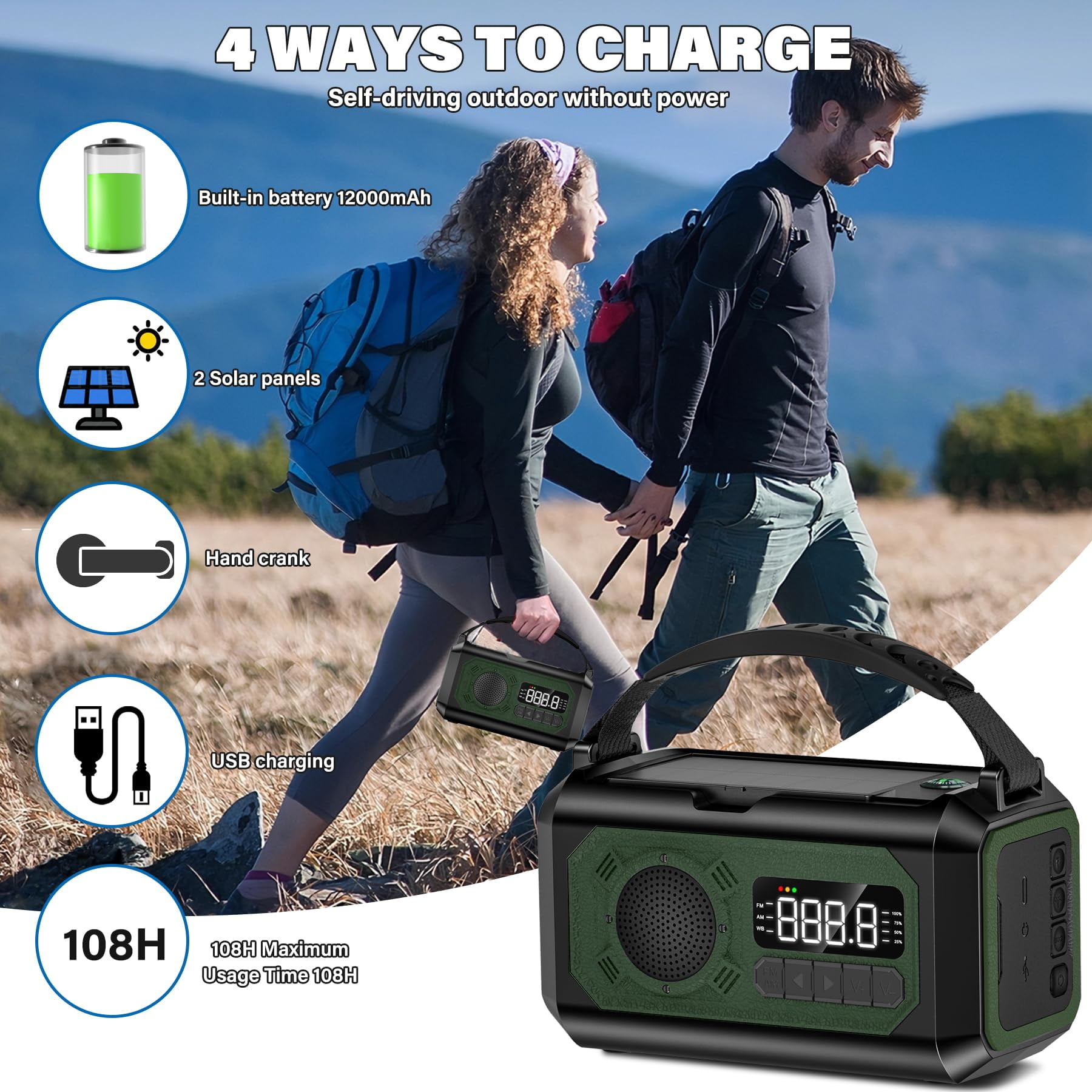 JOUALY 12000mAh Emergency Radio, AM/FM/NOAA Weather Radio,Portable Hand Crank Radio,Multi-Function Solar Radio,2 Solar Panels,USB Type-C Charging,Torch & LED Reading Lamp,SOS Alarm,Compass