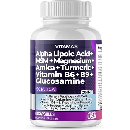 Sciatica Nerve Health Support - Sciatic Nerve Supplement Capsules with Folic Acid, Pea, Glucosamine, MSM, Vitamin B Complex, Alpha Lipoic Acid 300mg - Made in USA (60 Count (Pack of 1))