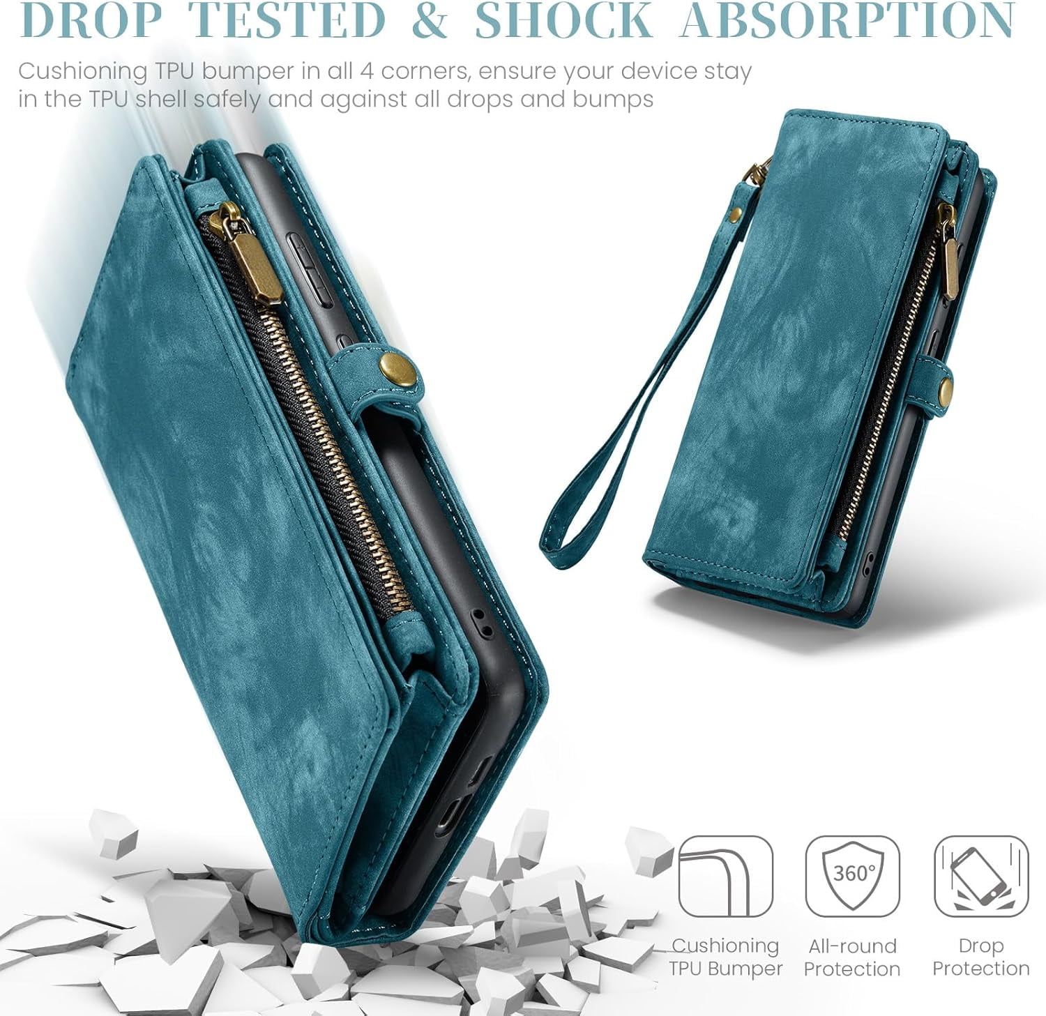 Compatible with Samsung Galaxy S24 Plus/S25 Plus S24+ S25+ 5G Phone Case Zipper Wallet Screen Protector Strap Flip Card Holder Cell Cover for S24Plus 24S + S 24 24+ S25Plus 25S 25+ SM-S936U Blue