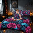 thumbnail image 3 of Homewish Halloween Gothic Skull King Bedding, Retro Rose Floral King Bed in a Bag, Cyan Magenta Black, Black Reversible 7-Piece, 3 of 7