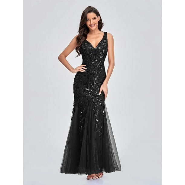 Vestido de noche con escote en V, tul bordado con lentejuelas, vestido de fiesta de sirena sexy, vestido formal para mujer