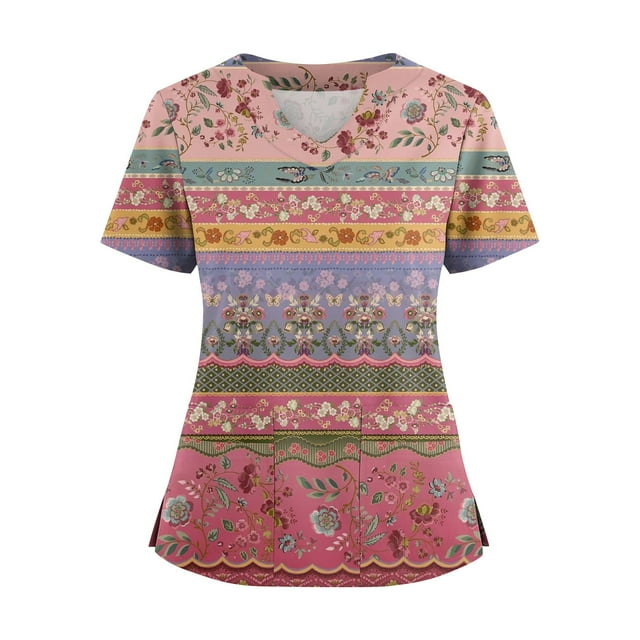 Ktyne Hauts de Sarrau pour Femmes Col en V Sarraus Médicaux Manches Courtes Extensibles Uniforme de Travail d'Infirmière Décontracté Haut de Sarrau avec Poche Rouge Melon D\'eau m
