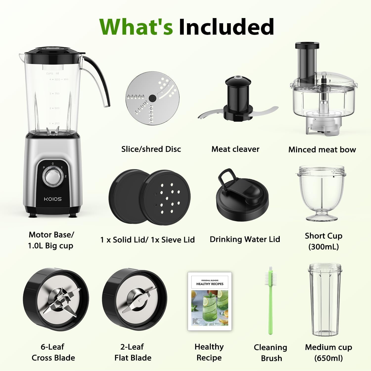 1000W Blender Food Processor Combo with Meat Grinder and Spice Chopper, 4-in-1 All-in-One Kitchen System for Smoothies and Meal Prep