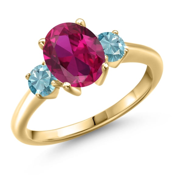 Gem Stone King 18K Yellow Gold Plated Silver Red Created Ruby and Blue Zircon Engagement Ring for Women | 3.00 Cttw | Oval 9X7MM | Gemstone July Birthstone | Size 5