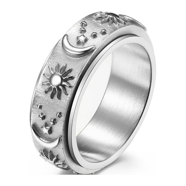 Stainless Steel Spinner Ring for Anxiety Fidget Rings for Relieving Stress Anxiety Ring Sun Moon Stars Promise Engagement Ring Size(Silver,7#)