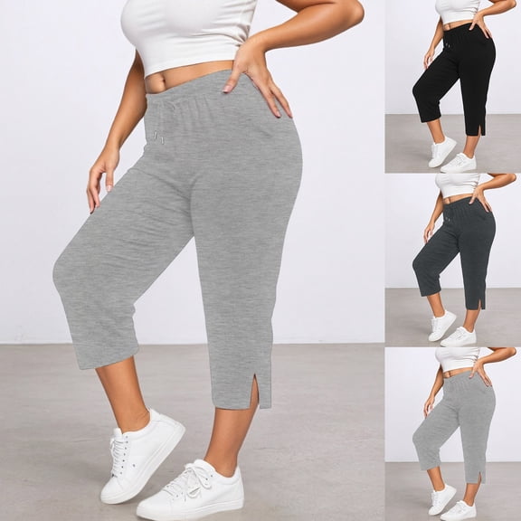 SOFTCCLO Capri Pants for Women Solid Plus Size Yoga Trousers Pocket Side Slit 7/8 Casual Womens Pants Black XXXXXL