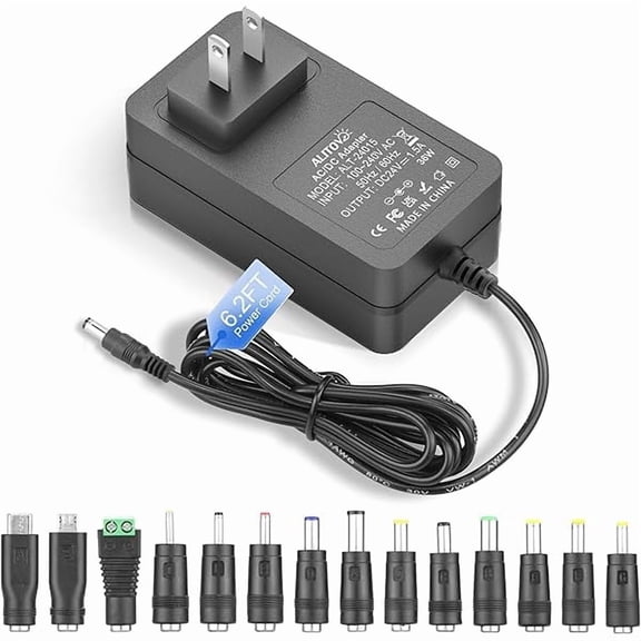 can 24V Power Supply 1.5A 36W AC Adapter 100-240V 50-60Hz to DC 24 Volt Power Cord 1.5 Amp 1500mA 1A Transformer Converter 6.2FT with 14 Tips for LED Strip Light CCTV Camera DC Pump Router