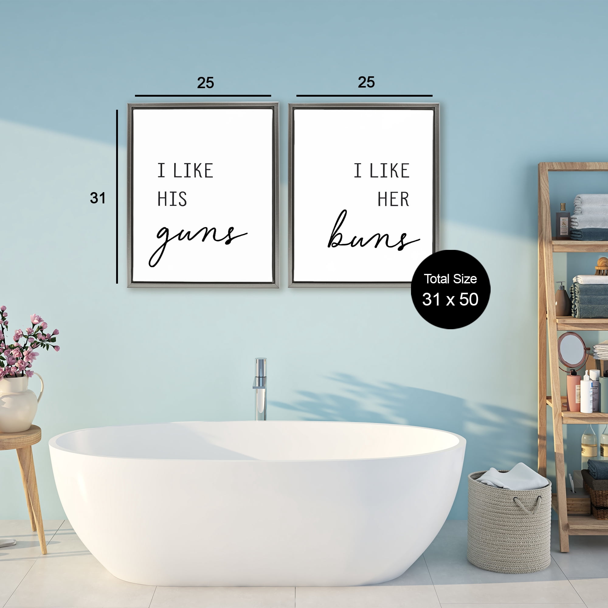 Like His Guns & Her Buns 2 Piece Gray Framed Floater Canvas Set, design by Lettered and Lined