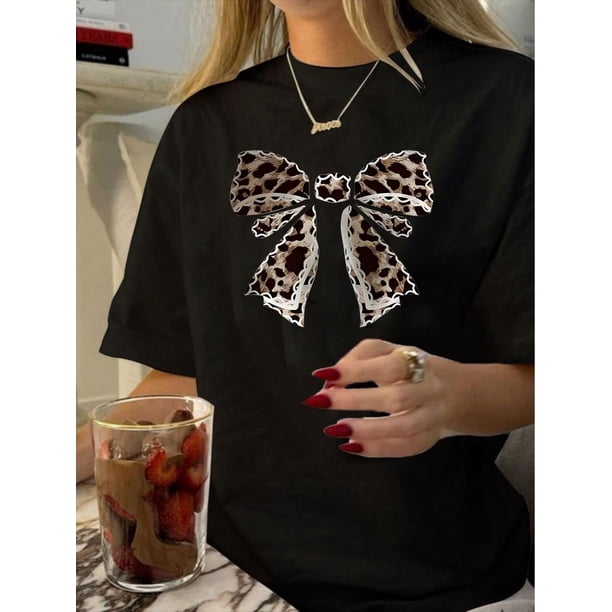 Women'S Vintage Butterfly Print T-Shirt, Polyester 100% Knit Fabric, Crew Neck, Short Sleeve, Geometric Pattern, Summer Casual Top, 200g/m² - Black