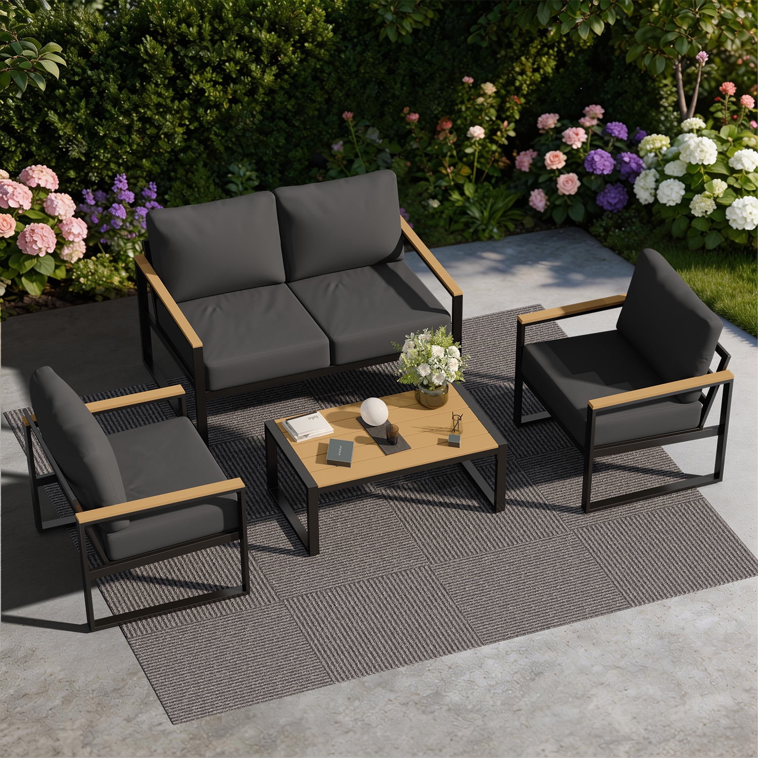 BaPiPro 4PCS Outdoor Exposed Tube Sofa Set, Dark Gray Modern Sturdy Steel Frame & PS Composite Wood Armrest Patio Furniture Set with Coffee Table, All-Weather Removable Washable Polyester Cushions fo