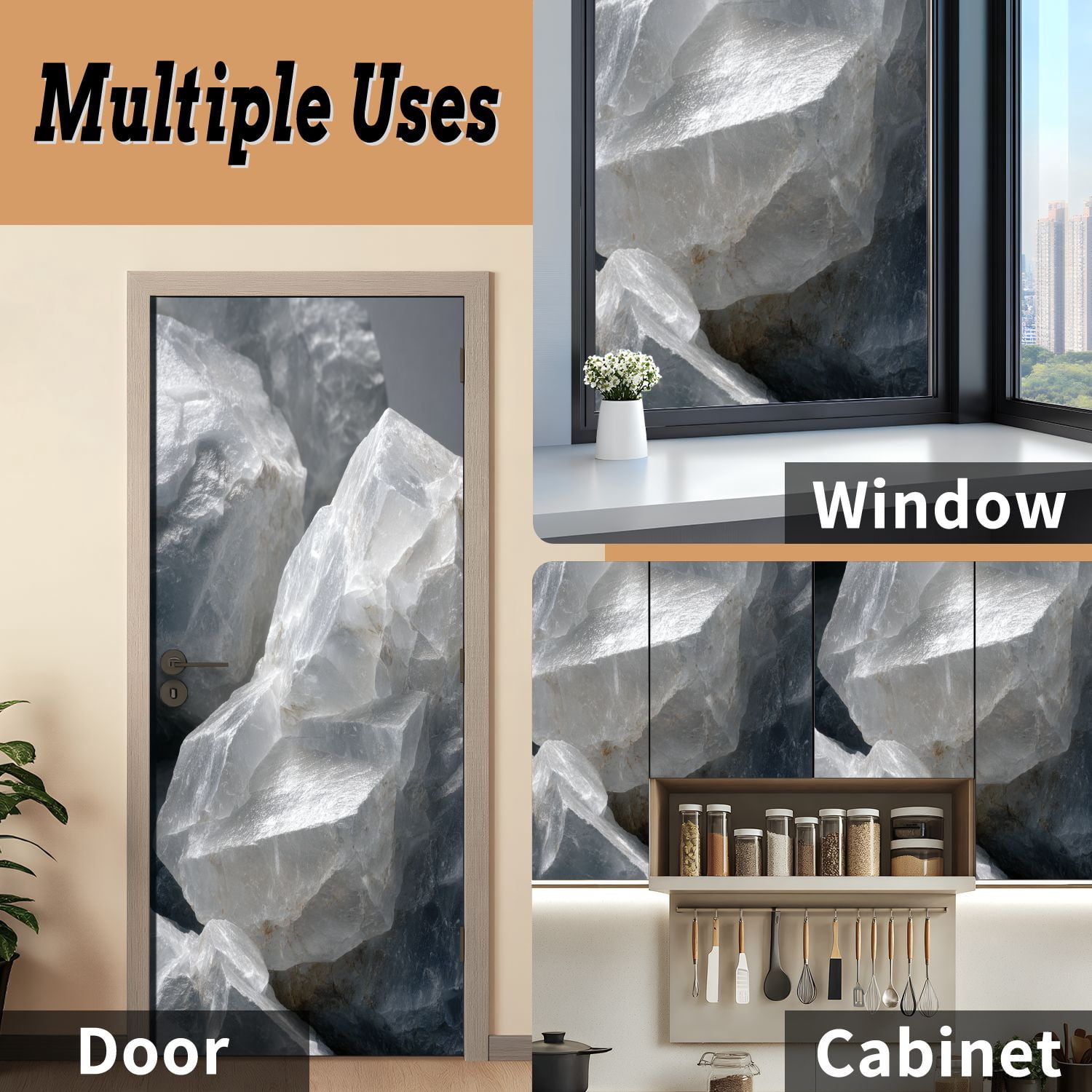 Self Adhesive Vinyl Refrigerator Wrap Set waves grey agate structure abstract nature Door Mural Removable Fridge Sticker Peel and Stick&nbsp;Full Door Cover Decal Kitchen Bar Decor