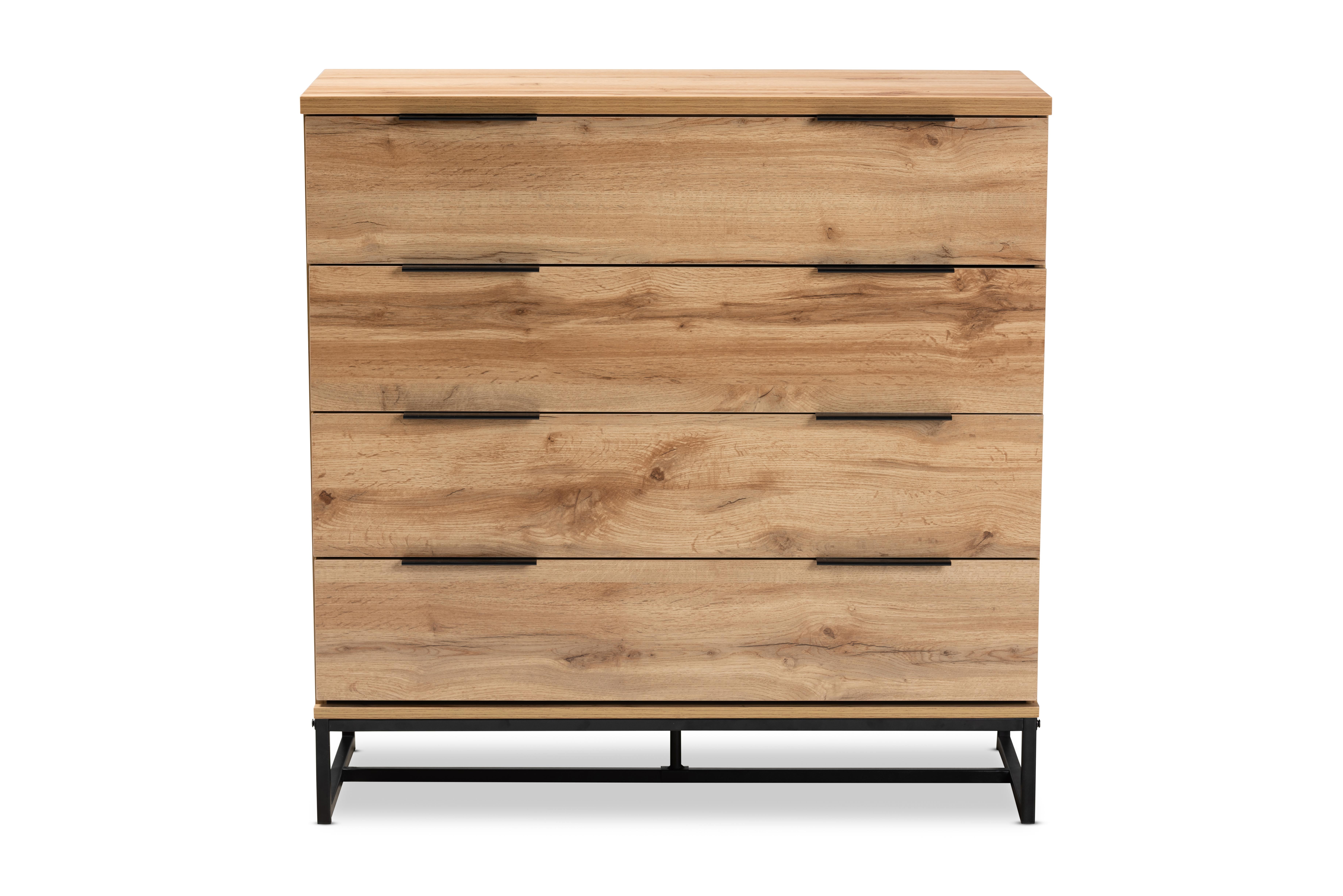 Baxton Studio Reid Modern and Contemporary Industrial Oak Finished Wood and Black Metal 4-Drawer Dresser