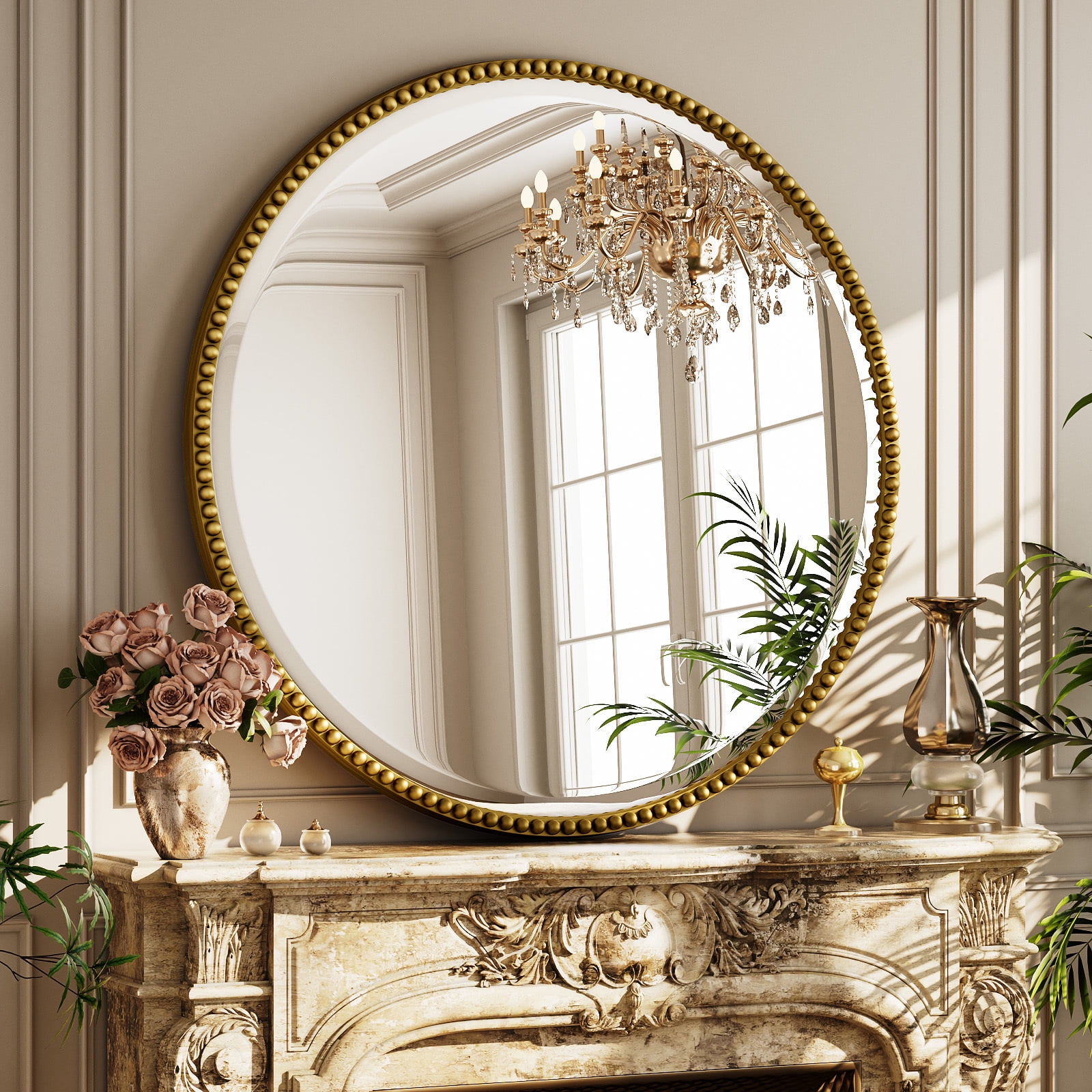 Puremirror 32" Round Bathroom Mirror Decoration Wall Mirror with Beaded Frame, Gold
