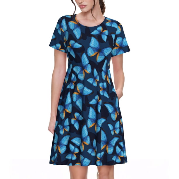 Easygdp Blue Butterfly para Vestido Transpirable de Mujer, Vestido Suelto de Manga Corta con Pliegues y Bolsillos para el Verano