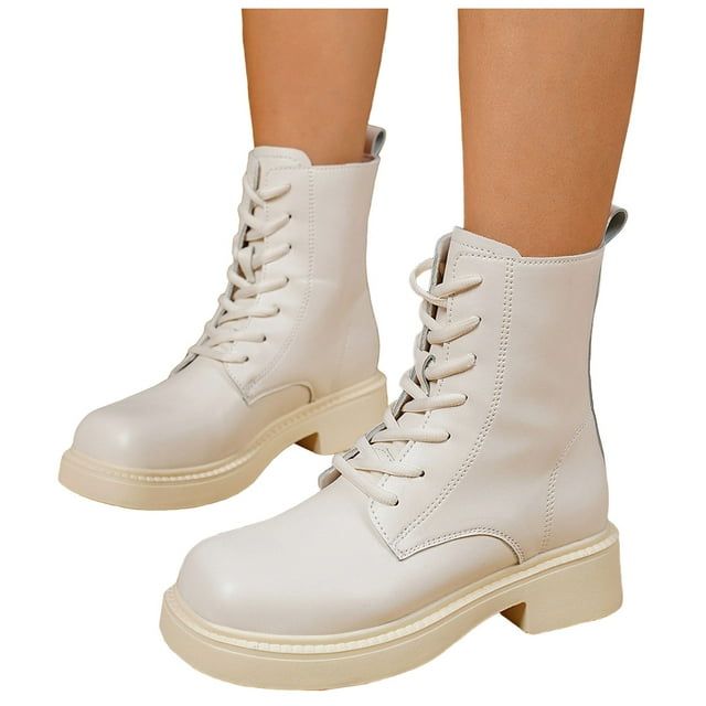 Rokment Womens Square Toe Combat Boots Fall Winter Vintage Classic Leather Lace up Platform Chunky Lug Sole Mid Calf Riding Short Booties