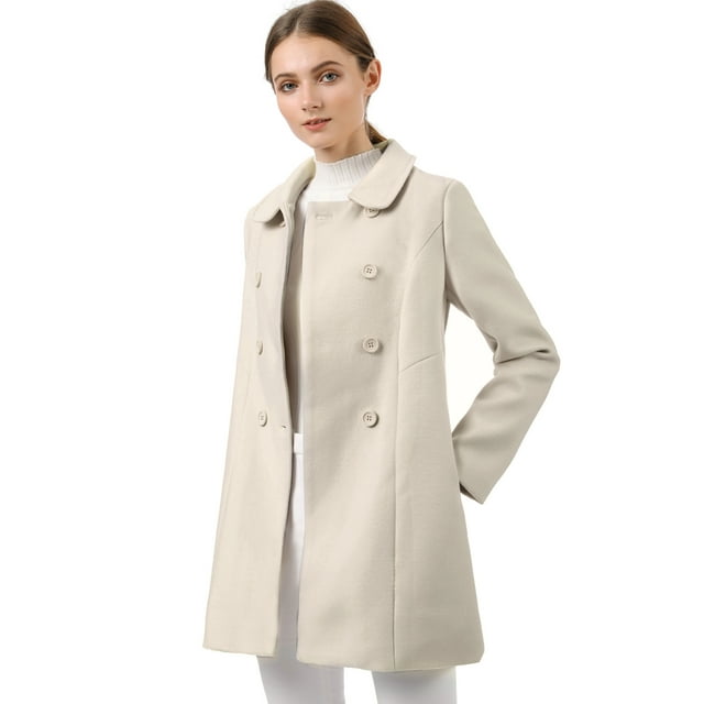 Abrigo Largo De Invierno Con Cuello Peter Pan Y Doble Botonadura Para Mujer Beige XS