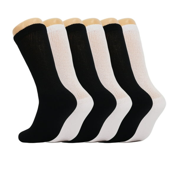 Diabetic Loose Fit Non-Binding Crew Socks Full Cushioned Size 9-11 (White 3 Pairs, Black 3 Pairs)