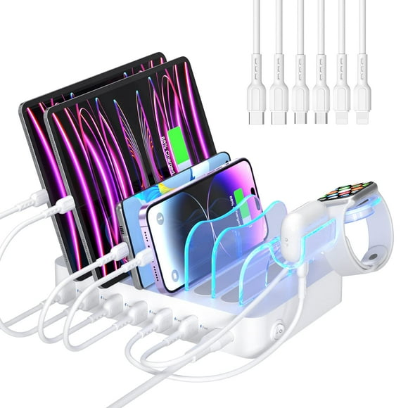 SooPii Premium 6-Port USB Charging Station Organizer for Multiple Devices, 6 Short Charging Cables and One Upgraded i-Watch Charger Holder Included, for Phones, Tablets,