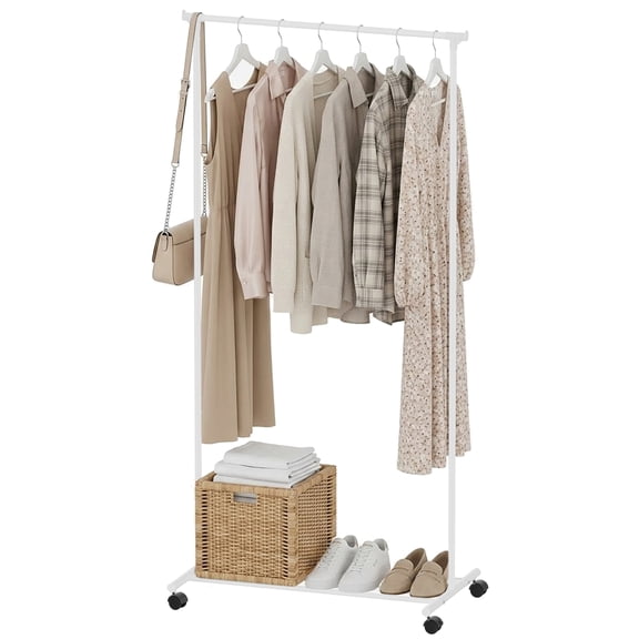 ACTDAYS Clothes Rack with Wheels, Rolling Garment Rack with Storage Shelf, Clothes Organizer for Bedroom, Laundry, Bathroom, Home, White