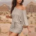 thumbnail image 5 of BLVB Off Shoulder Dress for Women Trendy Short Sleeve Drawstring Ruched Casual Solid Color Summer Mini Dresses, 5 of 6