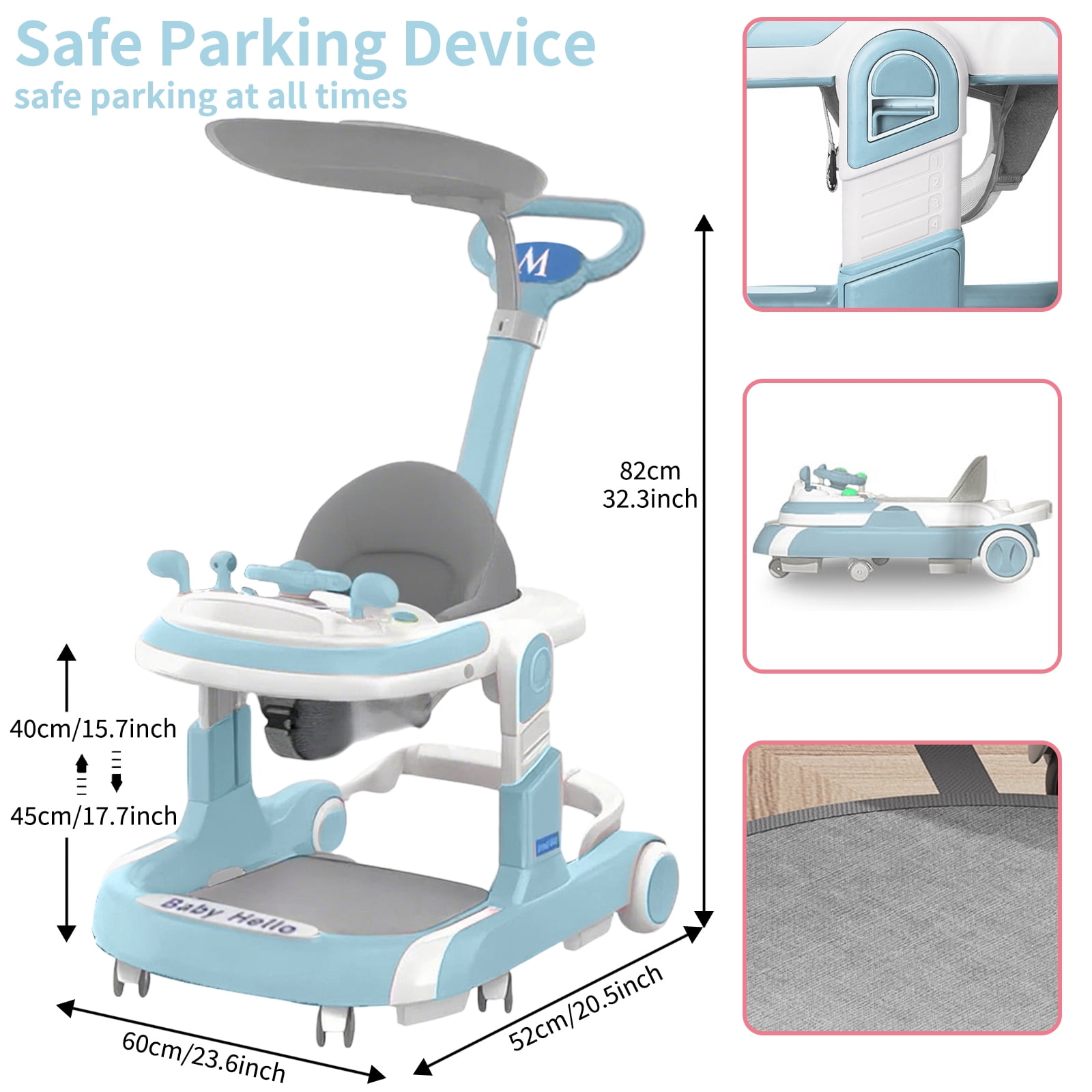 JieC 5-in-1 Foldable Baby Walker for 3 - 24 Months Baby Boys & Girls, with Toys Tray & Foot Pads/Handles，Blue