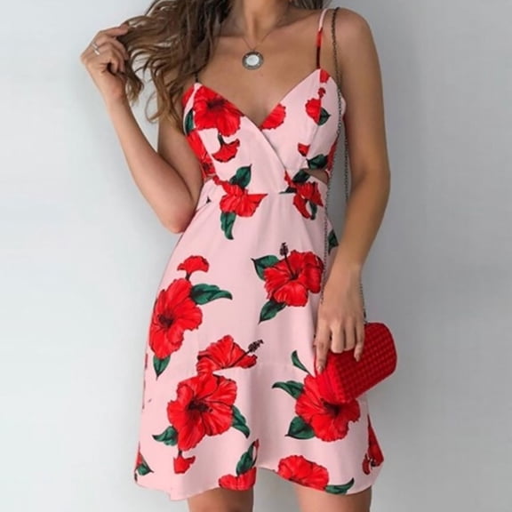 SDJMa Women's Summer Floral Print Dress Women Casual Fashion Flower Print Dress Camisole Loose Party Long Dress