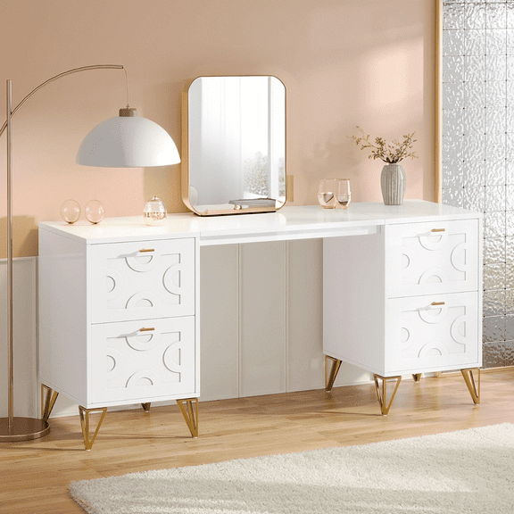Tribesigns 59-Inch Makeup Vanity Desk with 4 Drawers, White Dressing Table with Storage, Modern Beauty Table with Gold Legs for Bedroom (Without Mirror)