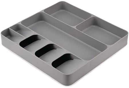 DrawerStore Compact Utensil Organizer For Kitchen Drawer Silverware, Flatware Tray, Large, Grey