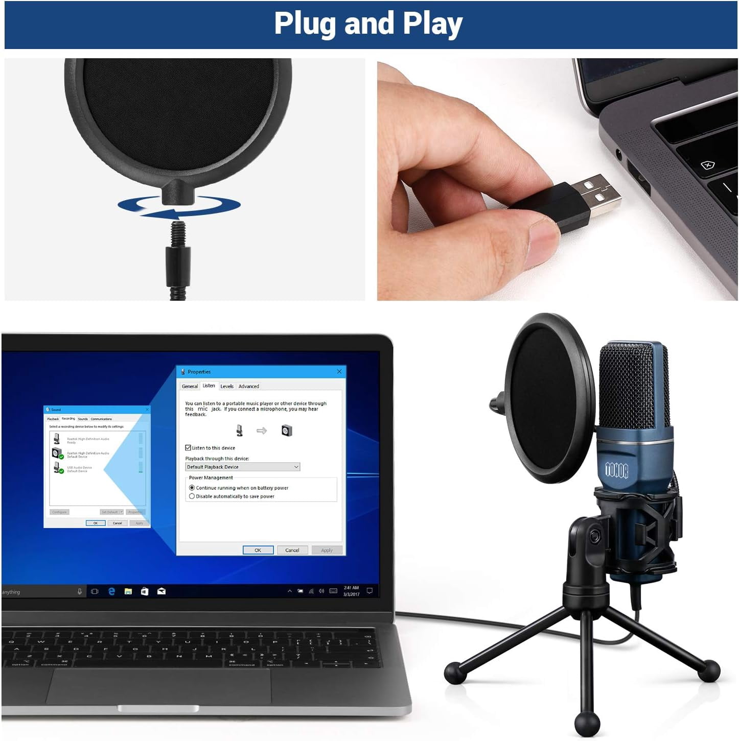 TONOR TC-777 Podcast Microphone, USB Computer Microphone, Cardioid Condenser PC Mic with Tripod Stand and Pop Filter for Podcasting, Streaming, Vocal Recording, Compatible with PC & Laptop, PS4/5