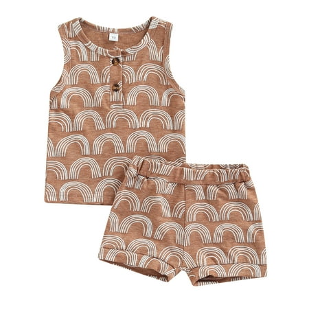 

Newborn Baby Toddler Boys Girls Clothes Set Stripes Rainbow Sleeveless Tank Tops Shorts Outfits Brown 6-9 Months