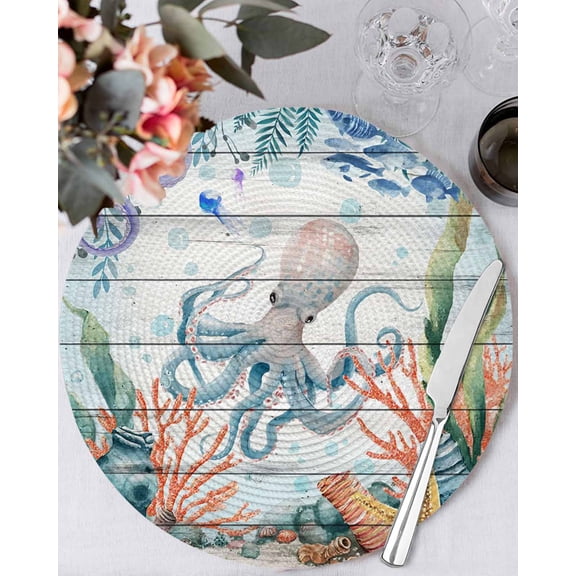 15 Inch Round Placemats Set of 6, Octopus Coastal Non Slip Heat Insulation PP Table Mats, Summer Nautical Starfish Coral Grey Wooden Washable Place Mats for Kitchen Dining Party Table Decor