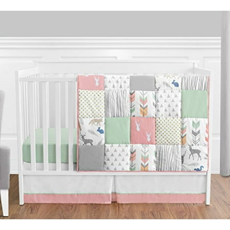 Coral Mint And Grey Woodsy Deer Girls Baby Bedding 4 Piece Crib