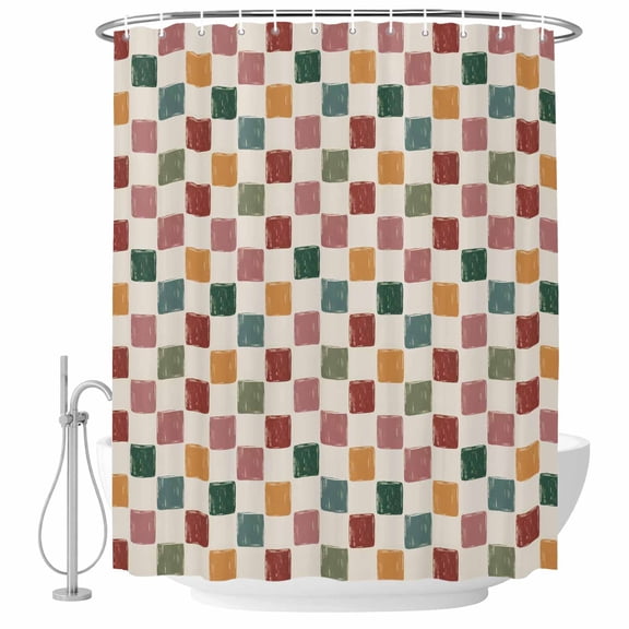 Colorful Checkered Shower Curtain Set - Long 72" x 84" Washable Bathtub Curtain with 12 Hooks, Vintage Plaid Grid Geometric Beige Waterproof Fabric Stall Shower Curtains for Bathroom/Bathtub Décor