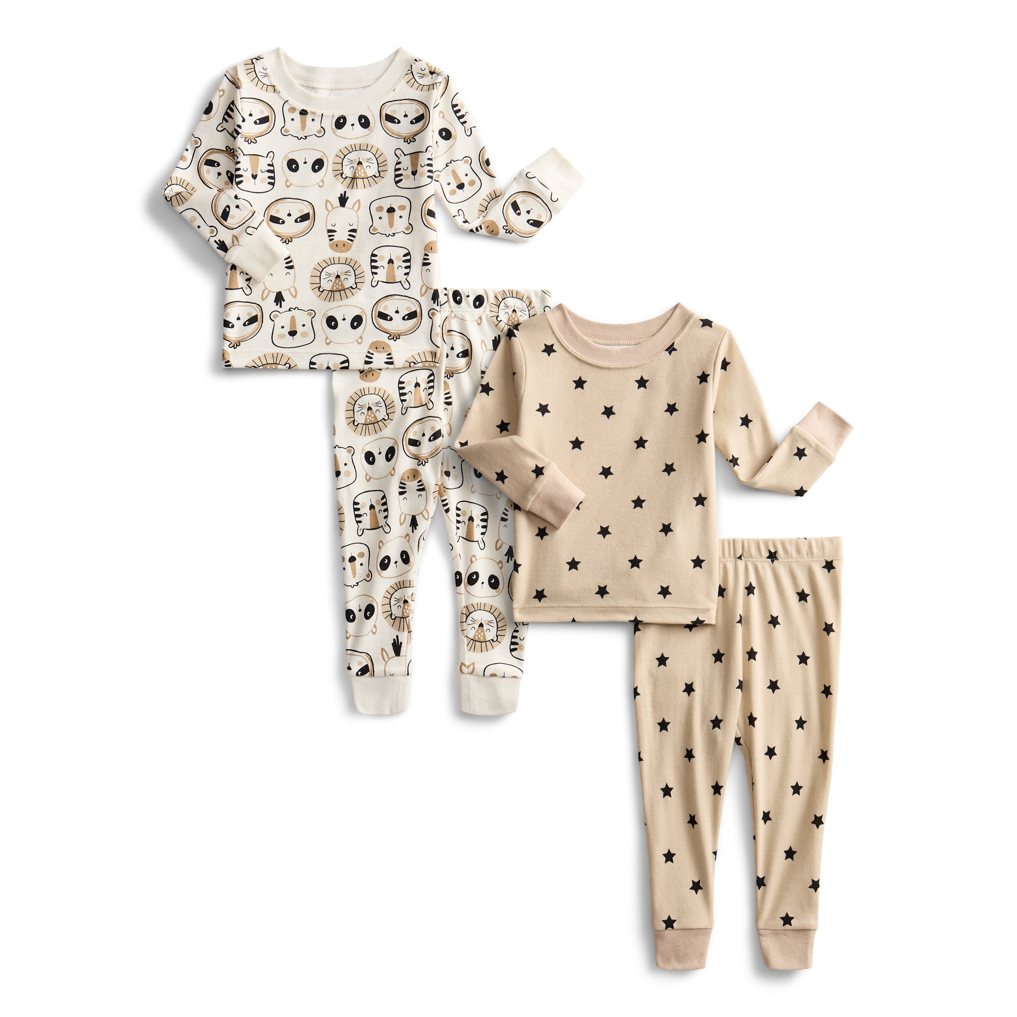 Wonder Nation Toddler Boys or Girls Cotton Snug Fit Long Sleeve Pajama Top and Pants Set, 4-Piece, Sizes 12M-5T