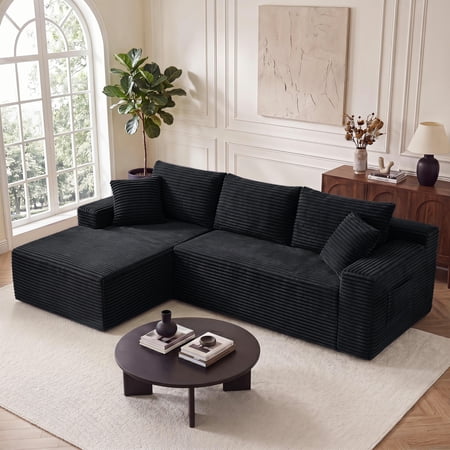 Aenkyo 95 Inch Corduroy L-Shaped Modular Sectional Sofa, Left Chaise, Black