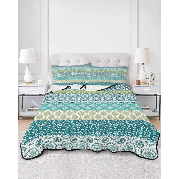 Quilts Twin XL Size, Teal Striped Soft Comforter Bedding Set for Bed, Boho Modern Geometric Abstract Art Ethnic Lightweight Quilted Bedspread with Pillow Cover(2 Pieces) for All Season, 68x98 Inch