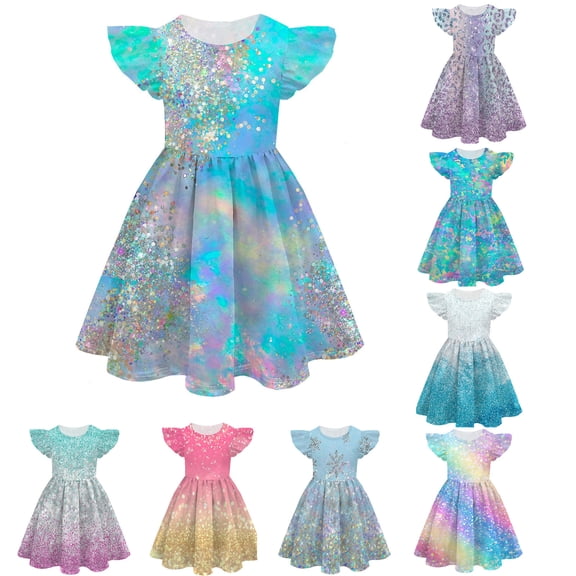 Dresses for Girls Kids 3D Digital Print Flutter Sleeve Fashion Cute Personality Dress Baby Girl Dress Light Purple 8-9 Years