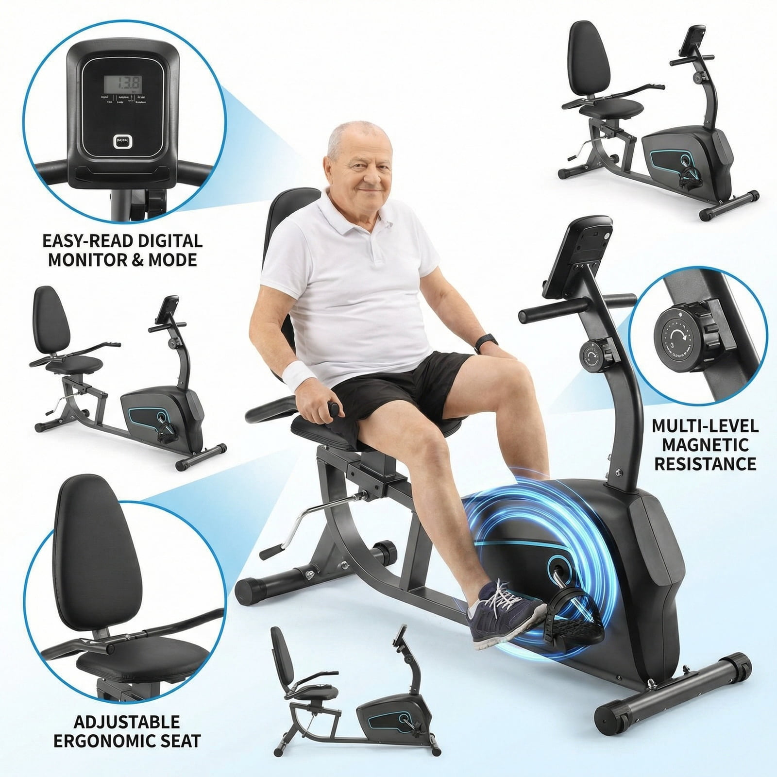 GASKY Exercise Bike 8 Resistance Levels Recumbent Exercise Bikes Seat Adjustment Exercise Equipment for Home Fitness Use
